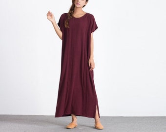 Robe en lin à manches courtes pour femmes maxi robe Oversize Loose linen cotton dress caftan custom made plus size vêtements long linen robe A09