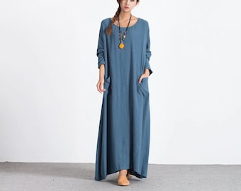Women's linen maxi dress long sleeves dress with pockets Oversize Autumn Winter plus size clothing Loose Kaftan large size dress A86