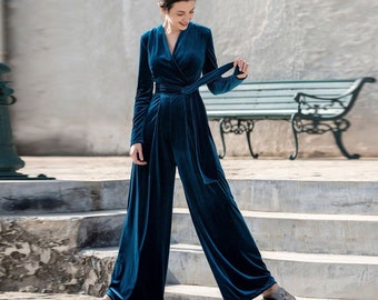 Breites Bein Lange Samt Jumpsuit Frauen Wrap Jumpsuit Lange Ärmel Samt Romper Lose Overall mit Gürtel Frauen Overall Plus Größe Kleidung R58