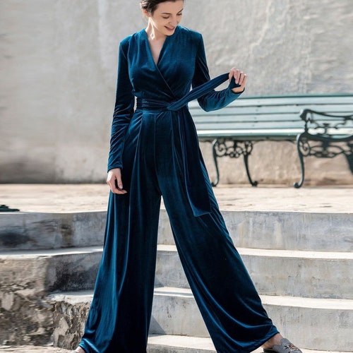 Velvet Jumpsuit Women V Neck Long Sleeves Velvet Romper Wide - Etsy