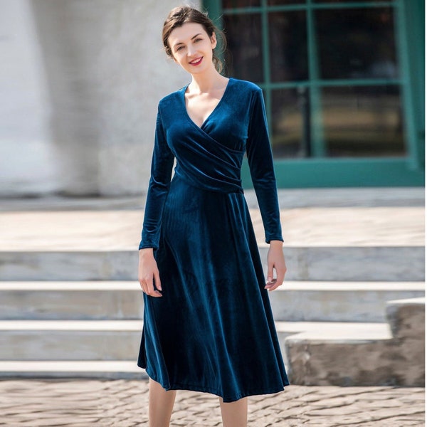 Blau Samt Kleid Langen Ärmeln Midi Brautjungfer Kleid Frühling Herbst Kleid Benutzerdefinierte Handgemachte Kleid Plus Size Kleidung Kleid Kleider für Frauen R63