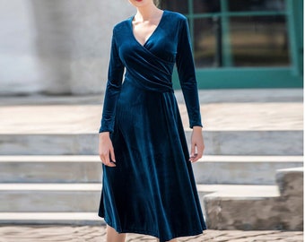 Blue Velvet Dress Long Sleeves Midi Bridesmaid Dress Spring Fall Dress Custom Hand Made Dress Plus Size clothing Gown Dresses for women R63