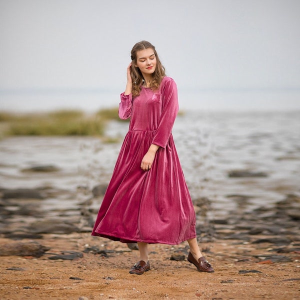 Women's velvet dress Long sleeve bridesmaid dress pleated dress oversized party dress velvet maxi dress winter loose plus size clothing R47