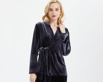 Women's velvet short robe long sleeve wrap Velvet Blouse Winter Top loose tunic plus size top women coat clothing  R15