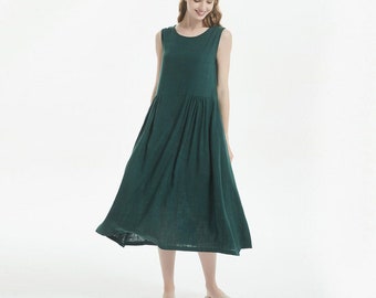 Leinenkleid mit Taschen ärmelloses Midi Baumwollkleid Oversize Kaftan schlicht locker lässiges Kleid Plus Size Kleidung Großformat Kleid A100