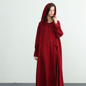 Women's long sleeves linen Hood maxi dress Oversize loose coat with pockets plus size Kaftan dress large size dress buttoned dress C05