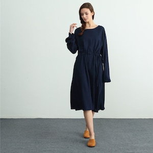 Women linen dress long sleeve midi dress caftan oversize loose cotton dress With Belt plus size dress linen clothing  C23