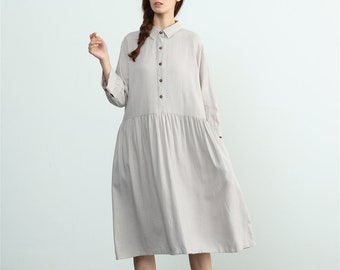 Women's linen cotton maxi dress long sleeves shirt dress oversize loose caftan bridesmaid dress plus size clothing linen kaftan dress B47