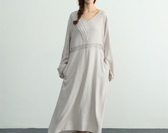 Women's linen dress long sleeves V-neck maxi dress linen caftan Loose casual dress plus size clothing large size dress With Pockets  C20