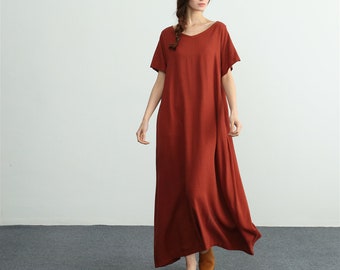 50% Sale Size 3XL, Linen dress for women Short Sleeves Maxi Dresses loose oversize linen cotton kaftan plus size linen dress  A89