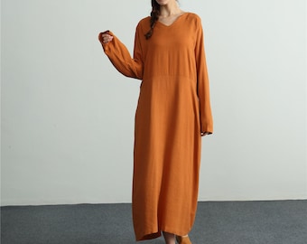 Women linen dress long sleeve V neck maxi dress cotton linen caftan causal loose long dress plus size dress large size dress Customized  C21