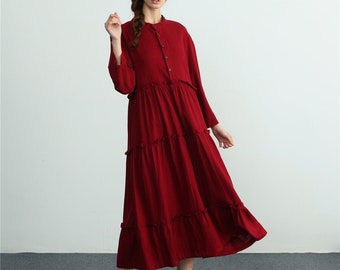 Linen dress women long sleeve linen maxi dress linen kaftan dress with buttons loose plus size clothing large size dress pleated dress C01