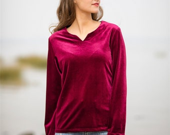 Women's velvet tops long sleeves shirt v neck velvet blouses soft loose tops oversized shirt plus size clothing custom clothing  R54