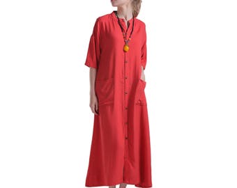 Damen Leinen Baumwolle Maxi Kleid Kurzärmelig Vorne Knopf Sommerkleid mit Taschen Kaftan locker lässige Kleidchen kaftan plus Size Kleidung B15