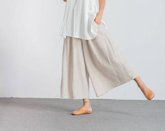 50% VENTA- Pantalones sueltos de lino de algodón para mujer Pantalones de pierna ancha Pantalones recortados Culottes de lino pantalones de gran tamaño más pantalones de tamaño - A117