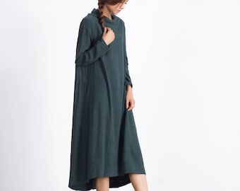 Linen dresses for women long sleeves midi dress loose spring cotton tunic dress large size dress custom made clothing plus size dress A45