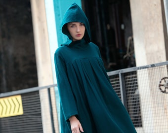 Winter Hooded Wool Dress maxi long sleeve Dress with Cowl Hood long robes wool vintage dress custom oversize loose Dress with belt S25