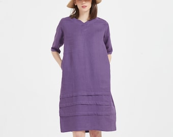 Linen dresses with pockets women short sleeve v neck caftan summer dress loose casual Flax dress plus size clothing purple 100% linen X33