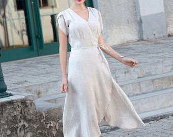 Wrap dress women linen v neck midi dress Summer linen dress 100% linen Sundress Cap sleeve linen clothing plus size dresses with belt X15