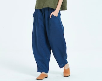 100% Linen Pants women maxi Trousers wide leg pants Elastic Waist Pants Harem Pants Fall Loose Trousers Customized plus size pants X26