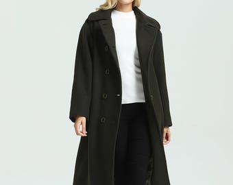 Vshop-2000 Womens Elegant Button Lapel Plaid Long Maxi Pea Woolen Trench Coat Jacket with Belt