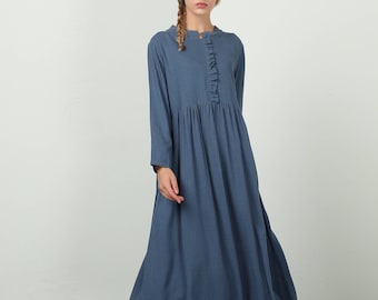 Women's linen dress long sleeve maxi dress shirt dress with pockets loose Oversize cotton linen casual pleated dress plus size clothing B63