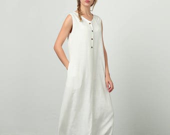 Linen dresses with pockets v neck sleeveless linen maxi Dresses with button Summer Loose oversize cotton caftan plus size clothing  B65