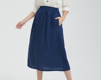 Linen skirts for women High waist elastic waist skirt linen midi skirt a linen dress loose casual skirt Customized Plus Size Skirt R4