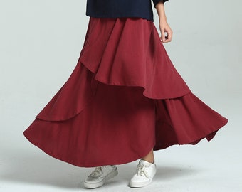 Women's linen skirt high elastic waist skirt vintage pleated skirt linen maxi skirt loose casual custom skirt plus size linen clothing A121