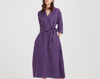 Women Linen dress with pockets V neck half sleeve midi dresses pure linen long dress loose customed dress plus size dress purple dress X24