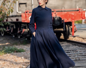 Wool Dress Vintage Style Dress Long Sleeve Casual Maxi Dress Fall