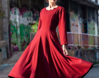 Wool dress for Women Winter Maxi Wool Dress Retro Swing Dress Fit and Flare Dress Red Wool Dress Long Dress Custom Dress Plus Size Dress S40