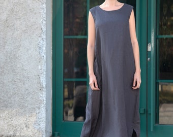 Women linen tank dress, Sleeveless linen dress,Loose Casual oversized plus size clothing, Summer linen maxi Dress,  long robe beach dress 23