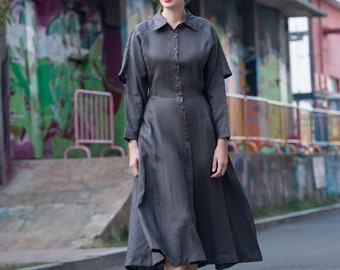 Linen dress long sleeve women midi dress with pocket loose linen dress shirt dress Customized Plus Size dress with button linen clothing S37