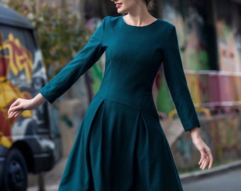 Women Wool Dress Long Sleeve Midi Dress Autumn Winter Dress Green Short Dress Fit Dress Plus Size Clothing Pleated Dress Formal Dress S32