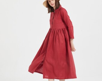 Women's Linen dress long sleeve midi dresses Loose Casual Plus Size flax dress summer shirt dress custom 100% linen dress linen clothing X42