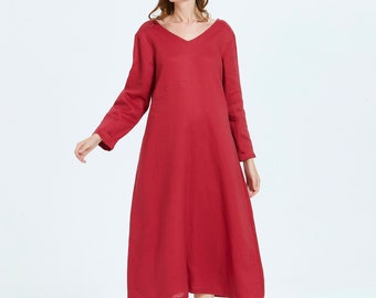Women Linen dress Long sleeve V neck midi caftan dress Plus Size Clothing flax casual Loose Linen washed linen dress with pockets R30