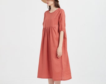 Women linen midi dress Flax Loose casual dress pure linen long dress washed linen beach dress Lantern sleeves 100% linen oversize dress X47