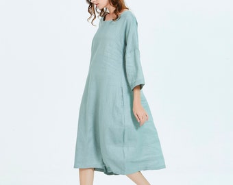 Pure linen dresses for women 3/4 sleeves caftan midi loose fitting flax dress spring autumn soft casual dress custom plus size clothing B25