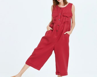 Women Linen Jumpsuit Overalls Pants With Pockets Linen romper Linen dungarees 100% pure linen midi pants Flax Loose casual pants X25