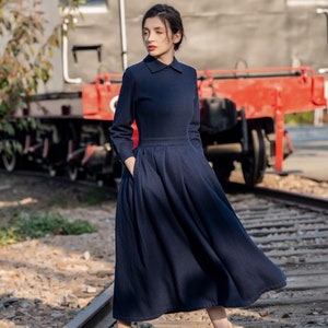 Wool dress Vintage Style Dress Long Sleeve Casual Maxi Dress Fall Winter Dress A Line Long Dress Shirt Dress Plus Size Clothing S28