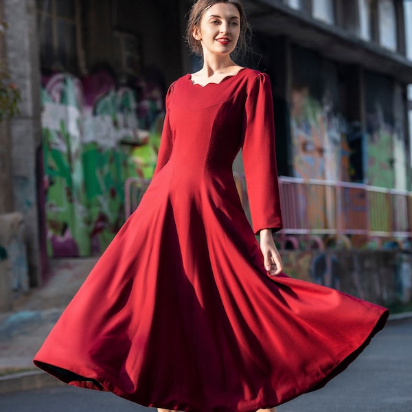 Wool dress for Women Winter Maxi Wool Dress Retro Swing Dress Fit and Flare Dress Red Wool Dress Long Dress Custom Dress Plus Size Dress S40