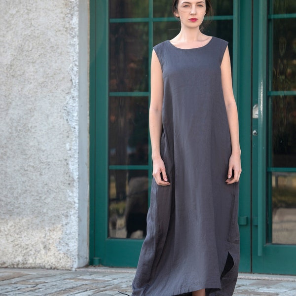 Women linen tank dress, Sleeveless linen dress,Loose Casual oversized plus size clothing, Summer linen maxi Dress,  long robe beach dress 23