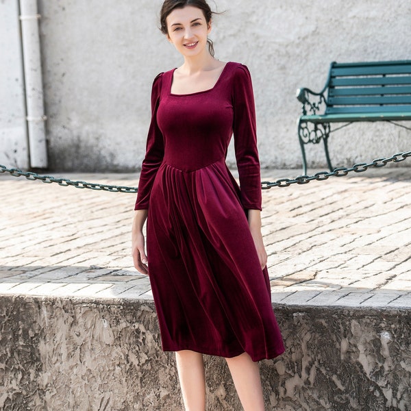 Velvet Dresses for Women Vintage Pleated Dress Long Sleeves Fall Winter Dress Burgundy Dress Midi Dress A Line Dress Plus Size Clothing R61