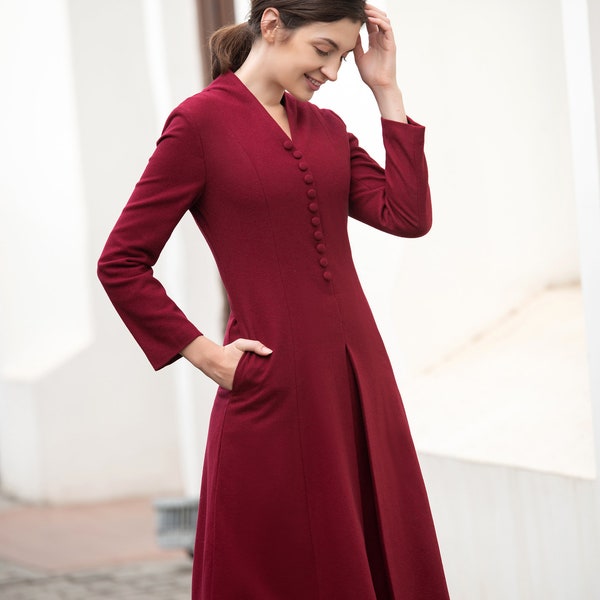 Vintage wool V-neckline long sleeves midi wool dress red retro wool fitting dress winter fitted dress warm dress with button custom S45
