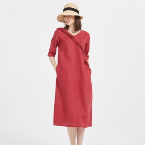 Women linen dress summer loose casual soft linen dress oversized linen midi dress shift dress pure linen tunic dress plus size clothing X39 image 2