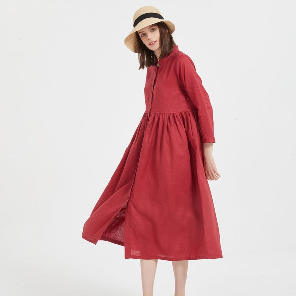 Women's Linen dress long sleeve midi dresses Loose Casual Plus Size flax dress summer shirt dress custom 100% linen dress linen clothing X42