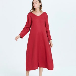 Women Linen dress Long sleeve V neck midi caftan dressPlus Size Clothing flax casual Loose Linen washed linen dress with pockets R30 image 1