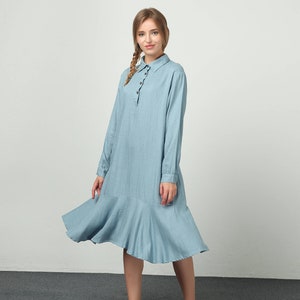 Women Linen cotton dress long sleeve dress oversize Loose shirt dress spring autumn caftan plus size clothing large size dress B59