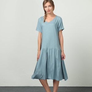 Women Linen Cotton Dresses Short Sleeve V Neck Summer Dresses - Etsy